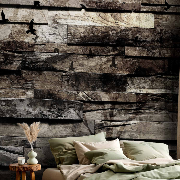 Wall Mural Memory of trees - pattern in grey wooden planks with shadows of birds and trees 64049 additionalImage 2