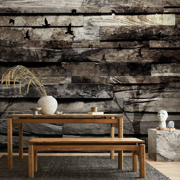 Wall Mural Memory of trees - pattern in grey wooden planks with shadows of birds and trees 64049 additionalImage 6