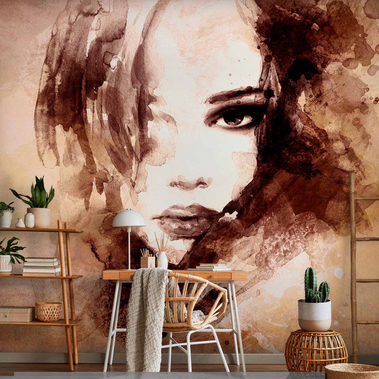 Wall Mural Female Figures - portrait of a woman's face in watercolor style in browns 64549 additionalImage 4