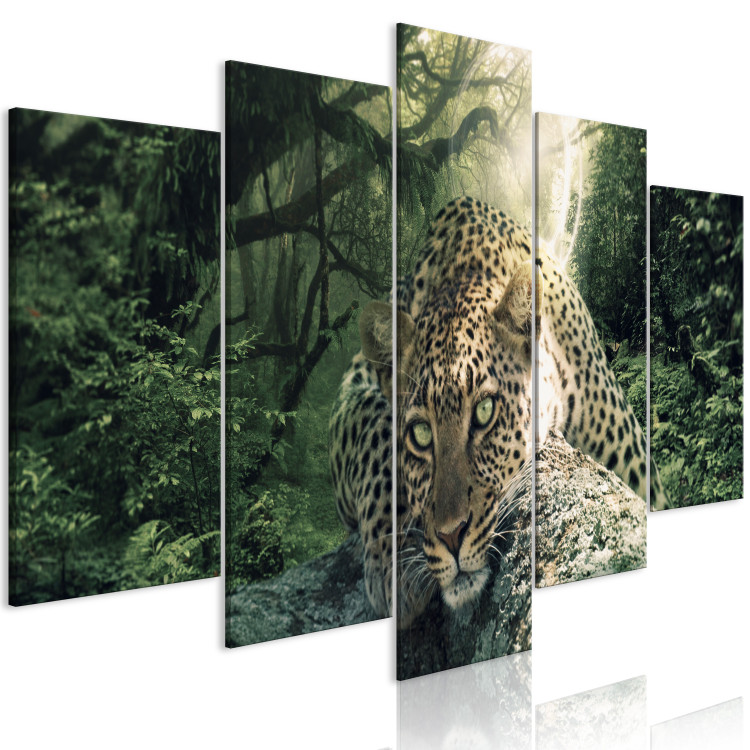 Canvas Print Lying Leopard (5-part) Wide Pale Green - Wild Cat in the Forest 108159 additionalImage 2