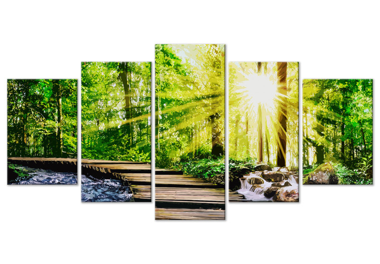 Canvas Art Print Forest Footbridge (5-part) Wide - Scenic Green Forest Landscape 108359