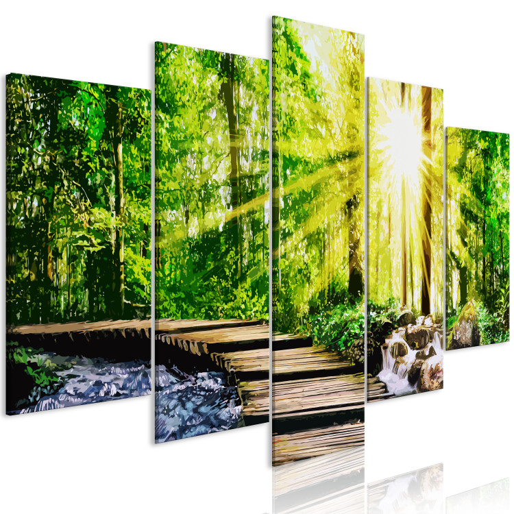 Canvas Art Print Forest Footbridge (5-part) Wide - Scenic Green Forest Landscape 108359 additionalImage 2