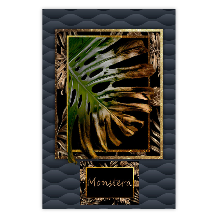 Wall Poster Gilded Monstera - Composition with a tropical plant on a dark background 114359