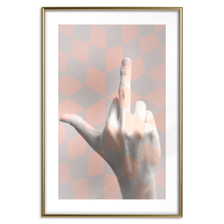 Wall Poster F*ck you! - gray-pink composition with a hand in a geometric pattern 117559 additionalImage 14