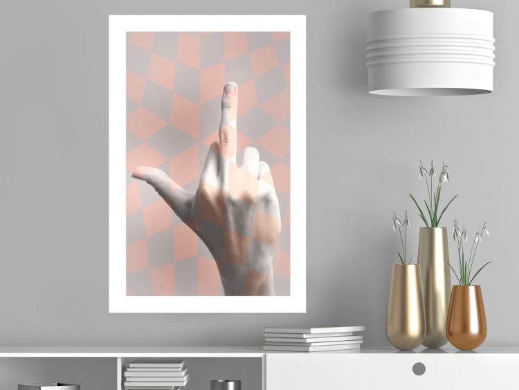 Wall Poster F*ck you! - gray-pink composition with a hand in a geometric pattern 117559 additionalImage 2