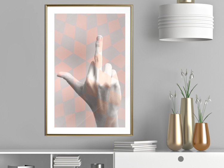 Wall Poster F*ck you! - gray-pink composition with a hand in a geometric pattern 117559 additionalImage 13
