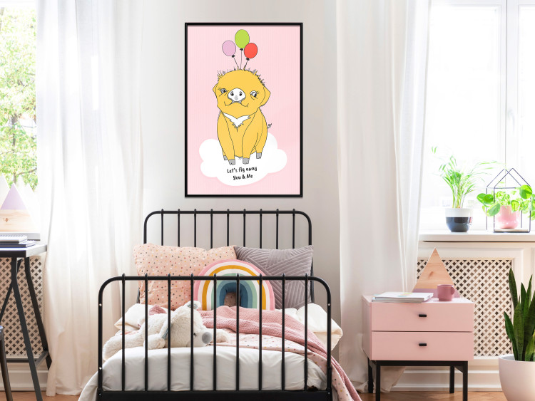 Poster Sky Piggy - yellow animal with balloons and English texts 122759 additionalImage 3