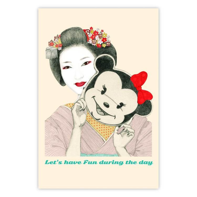 Poster Funny Geisha - portrait of a woman with a mouse mask in an oriental motif 126859