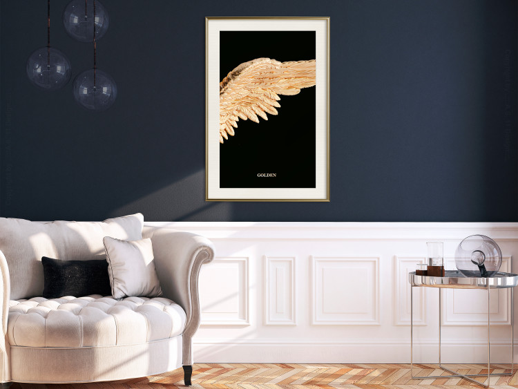 Poster Lightness of Being - wing with golden feathers on a black background 130459 additionalImage 22