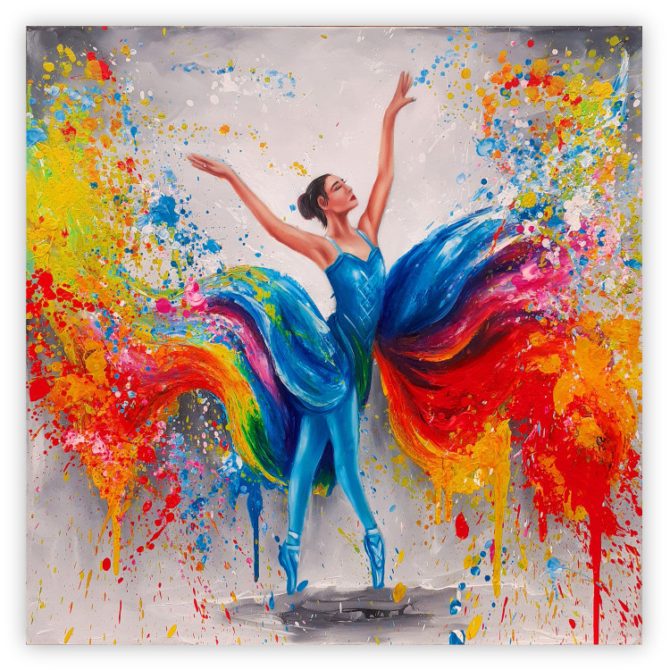 Poster Colorful Ballerina - woman in a colorful dress on a gray background 131459