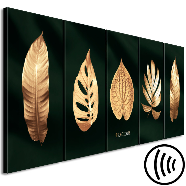 Canvas Art Print Golden Corner (5-piece) Narrow - exotic leaves on a black background 138059 additionalImage 6