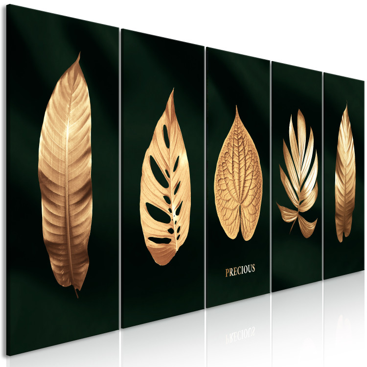 Canvas Art Print Golden Corner (5-piece) Narrow - exotic leaves on a black background 138059 additionalImage 2