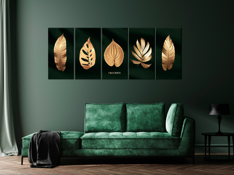 Canvas Art Print Golden Corner (5-piece) Narrow - exotic leaves on a black background 138059 additionalImage 3