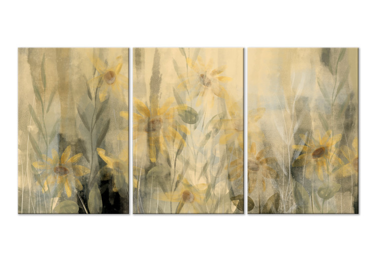 Canvas Art Print Summer Landscape (3-piece) - sunny meadow full of yellow flowers 142959