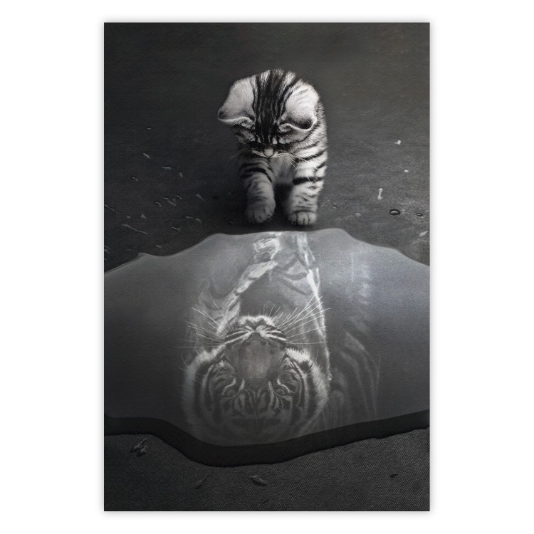 Wall Poster Predatory Animal - Photo of a Cat With a Reflection of a Tiger in a Puddle 144359