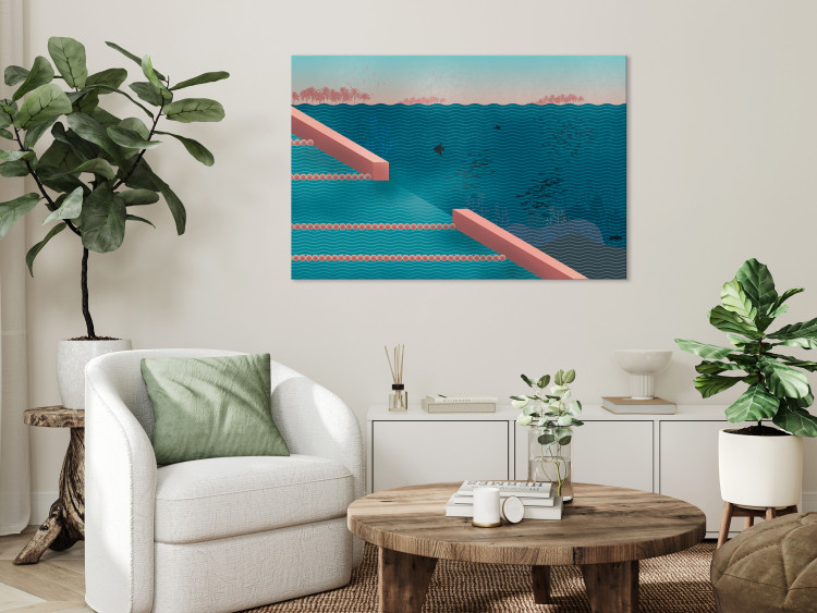 Canvas Marvelous Pool (1-piece) - abstraction with blue waves against a palm background 145359 additionalImage 3