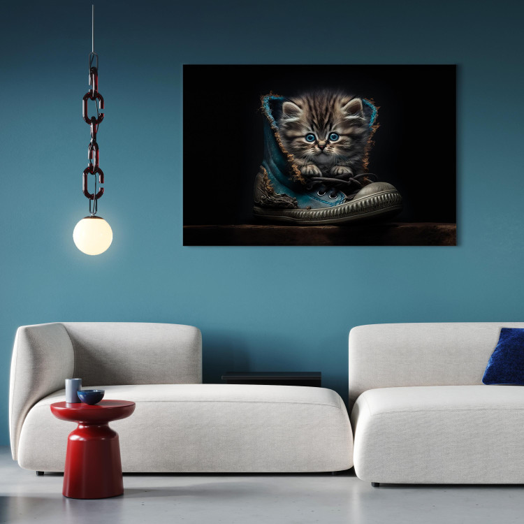 Canvas Art Print AI Maine Coon Cat - Tiny Blue-Eyed Animal in a Shoe - Horizontal 150159 additionalImage 3