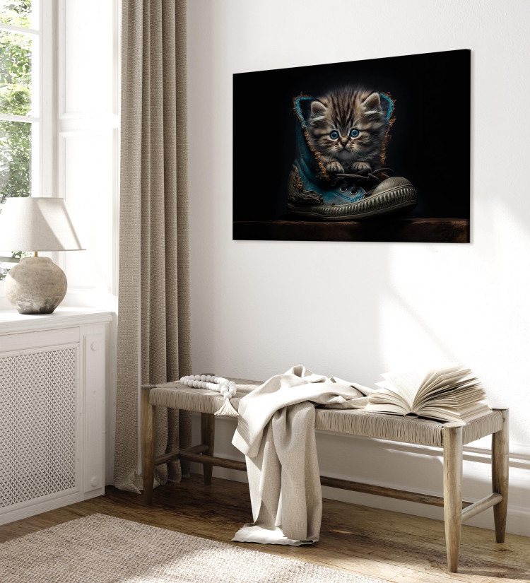 Canvas Art Print AI Maine Coon Cat - Tiny Blue-Eyed Animal in a Shoe - Horizontal 150159 additionalImage 4