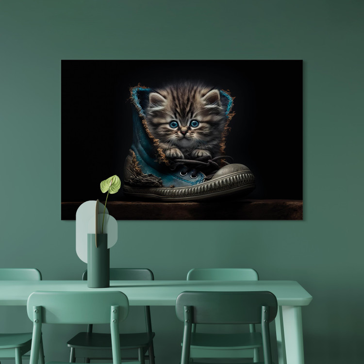 Canvas Art Print AI Maine Coon Cat - Tiny Blue-Eyed Animal in a Shoe - Horizontal 150159 additionalImage 5