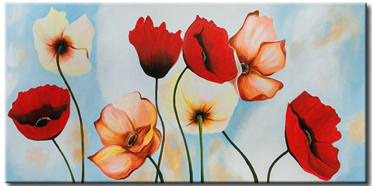 Canvas Art Print Various Colors of Poppies (1-piece) - floral motif with blue sky 47159
