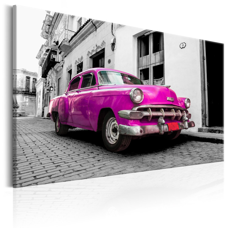 Canvas Art Print Pink Cuban Car (1-piece) - Car Against a Black and White Cityscape 93959 additionalImage 2