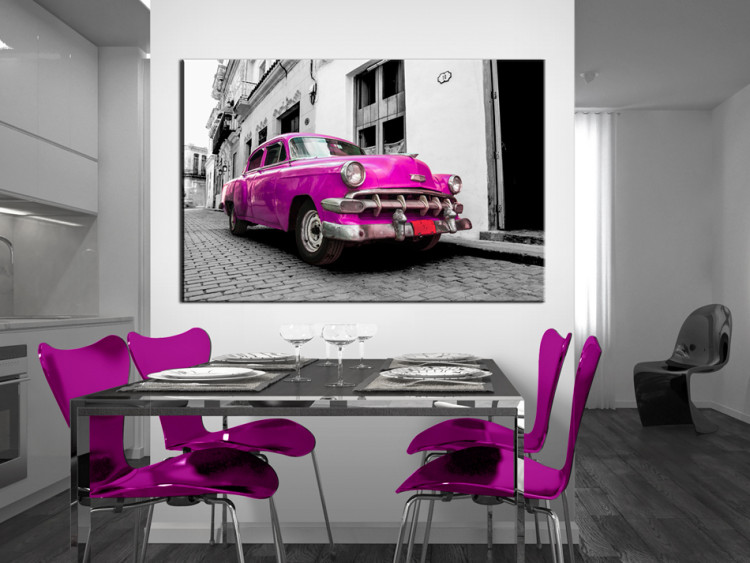 Canvas Art Print Pink Cuban Car (1-piece) - Car Against a Black and White Cityscape 93959 additionalImage 3