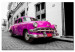 Canvas Art Print Pink Cuban Car (1-piece) - Car Against a Black and White Cityscape 93959