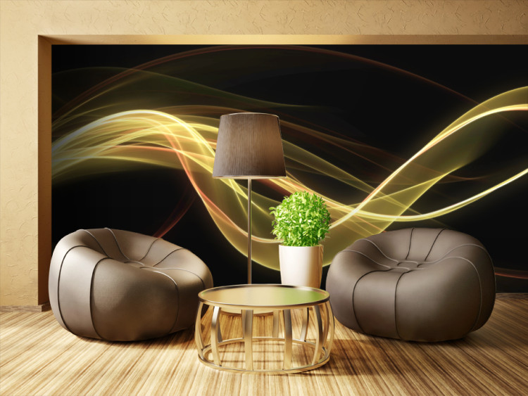 Photo Wallpaper Abstraction with smoke - yellow dynamic wave with glow on black background 97659