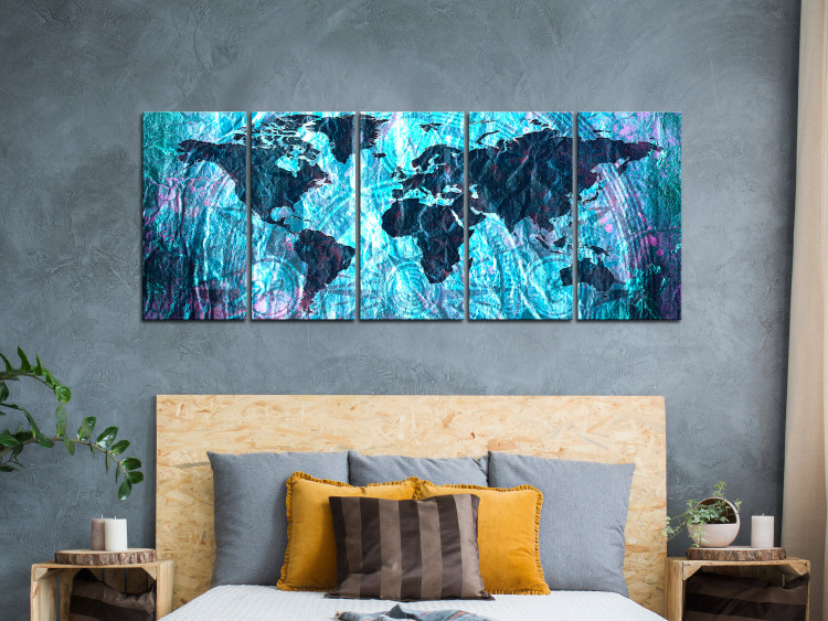 Canvas Print Neon Oceans (5-piece) - Blue Continents on World Map 105769 additionalImage 3
