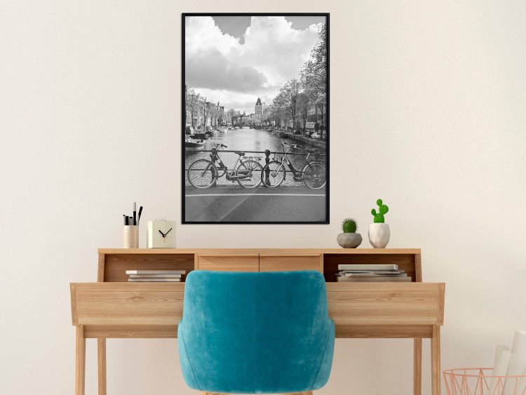 Poster Bridge with Bikes - black and white landscape of a river and cloudy sky 116969 additionalImage 4
