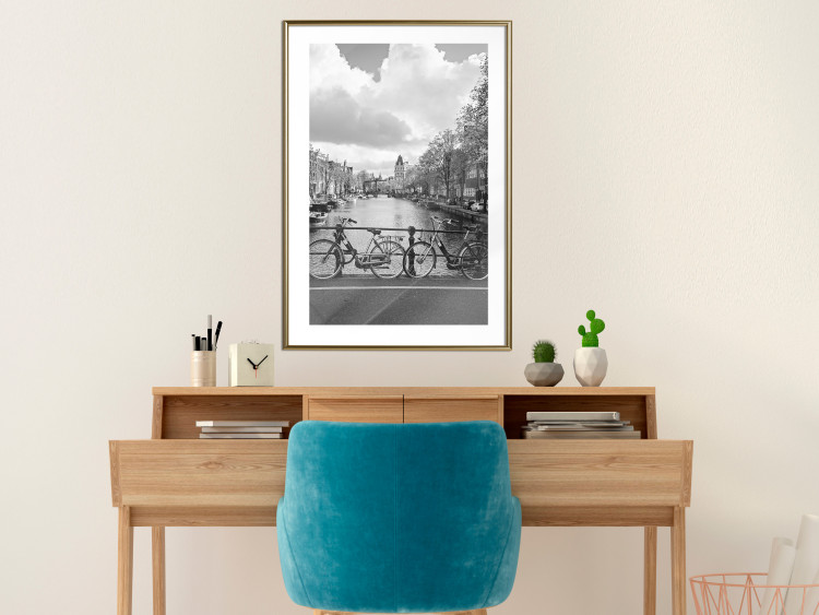 Poster Bridge with Bikes - black and white landscape of a river and cloudy sky 116969 additionalImage 15