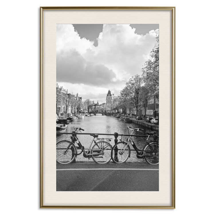 Poster Bridge with Bikes - black and white landscape of a river and cloudy sky 116969 additionalImage 19