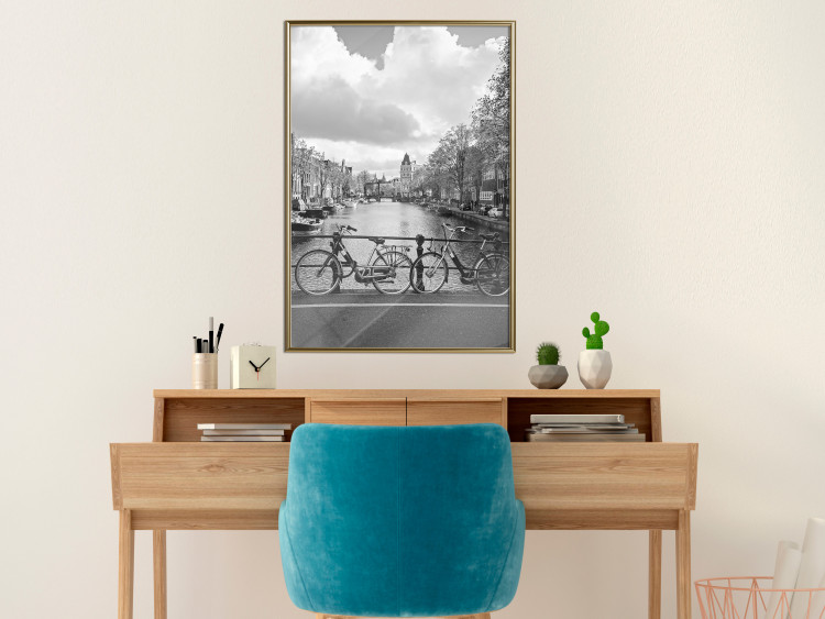Poster Bridge with Bikes - black and white landscape of a river and cloudy sky 116969 additionalImage 14
