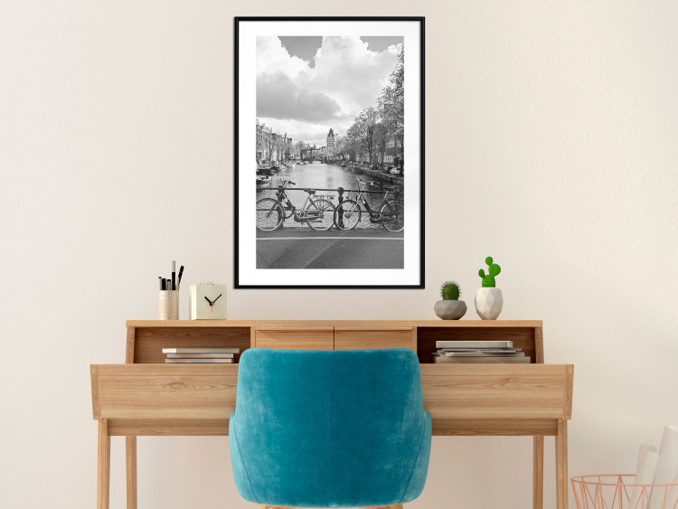 Poster Bridge with Bikes - black and white landscape of a river and cloudy sky 116969 additionalImage 13