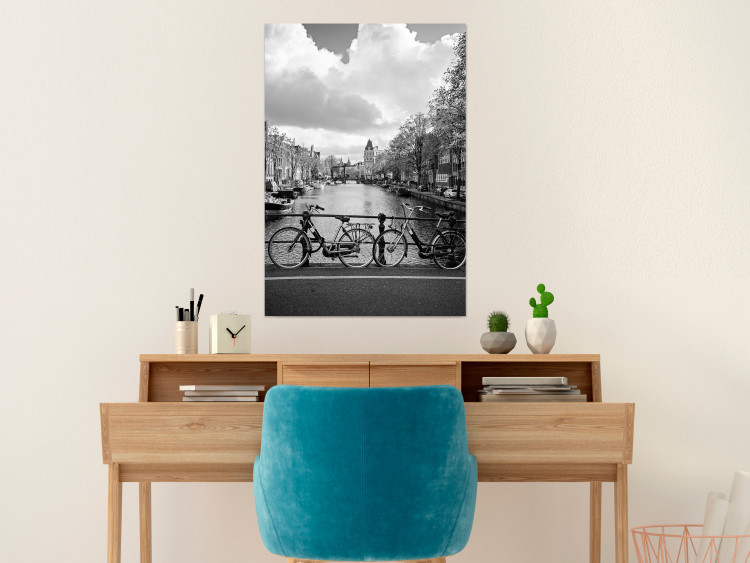 Poster Bridge with Bikes - black and white landscape of a river and cloudy sky 116969 additionalImage 23