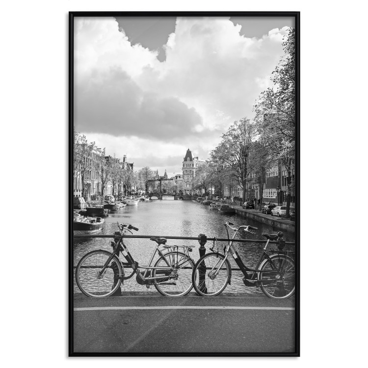 Poster Bridge with Bikes - black and white landscape of a river and cloudy sky 116969 additionalImage 24