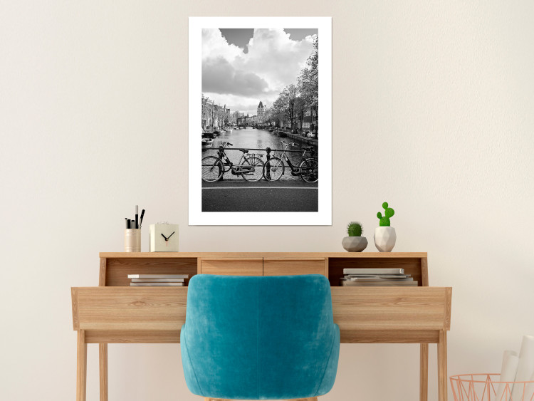 Poster Bridge with Bikes - black and white landscape of a river and cloudy sky 116969 additionalImage 5
