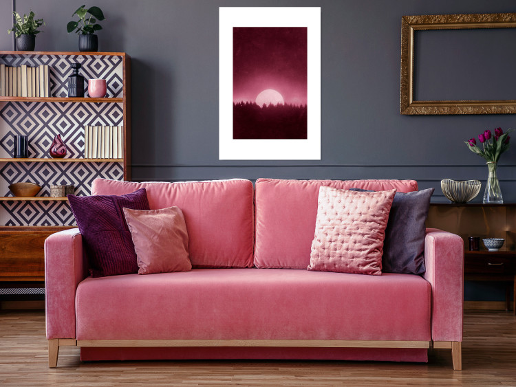 Poster Fullness - dark pink landscape of a silver moon against the sky and forest 117569 additionalImage 23