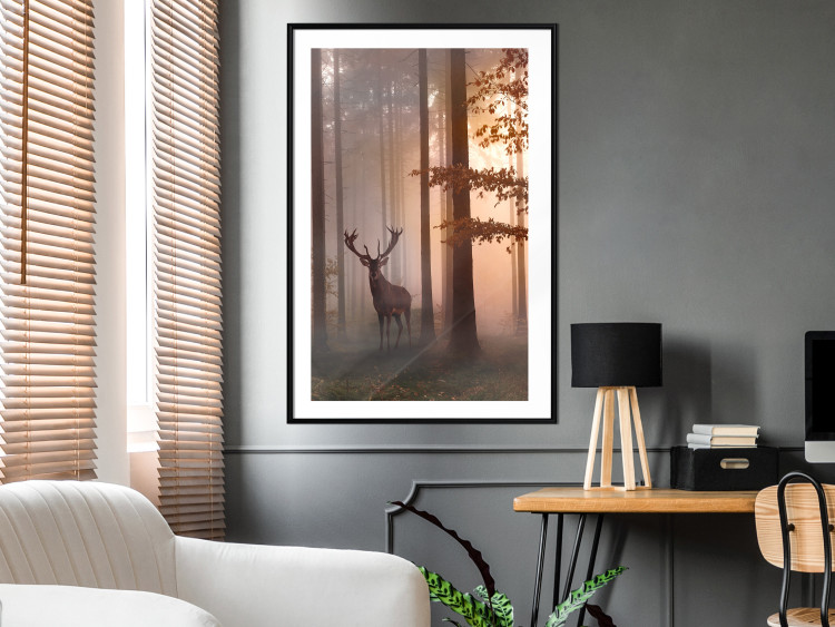Poster Morning - wild deer among forest trees against the backdrop of an autumn landscape 120469 additionalImage 4