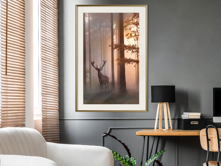 Poster Morning - wild deer among forest trees against the backdrop of an autumn landscape 120469 additionalImage 21