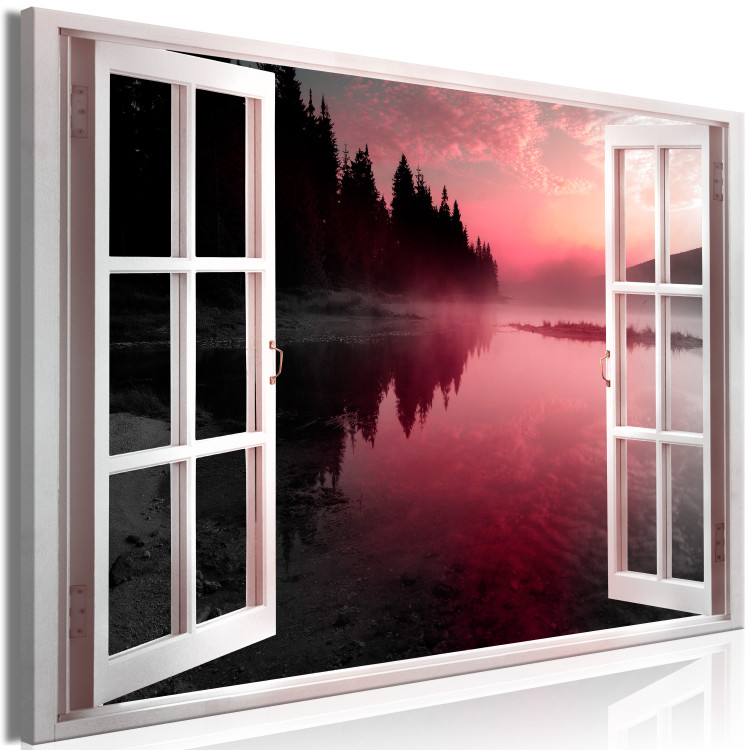Canvas Print View of the lake - view from the window on the sun on the sun, the sun sparkling various shades of pink and violet 125769 additionalImage 2