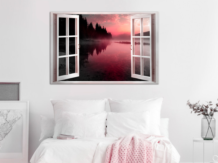 Canvas Print View of the lake - view from the window on the sun on the sun, the sun sparkling various shades of pink and violet 125769 additionalImage 3