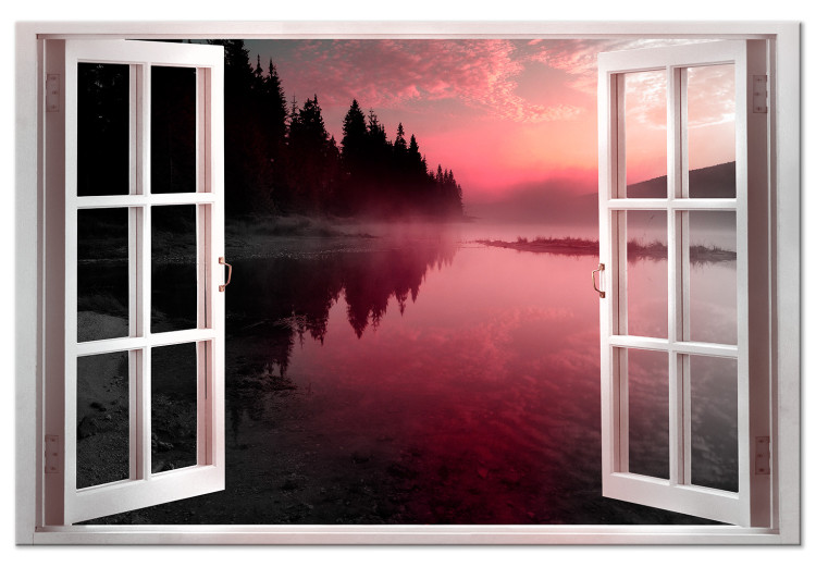 Canvas Print View of the lake - view from the window on the sun on the sun, the sun sparkling various shades of pink and violet 125769