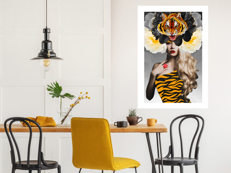 Poster Tiger Eye - abstract woman in tiger outfit on gray background 127869 additionalImage 6