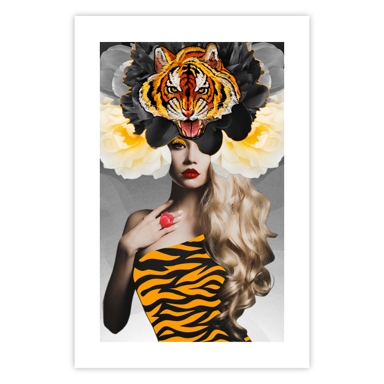 Poster Tiger Eye - abstract woman in tiger outfit on gray background 127869 additionalImage 21