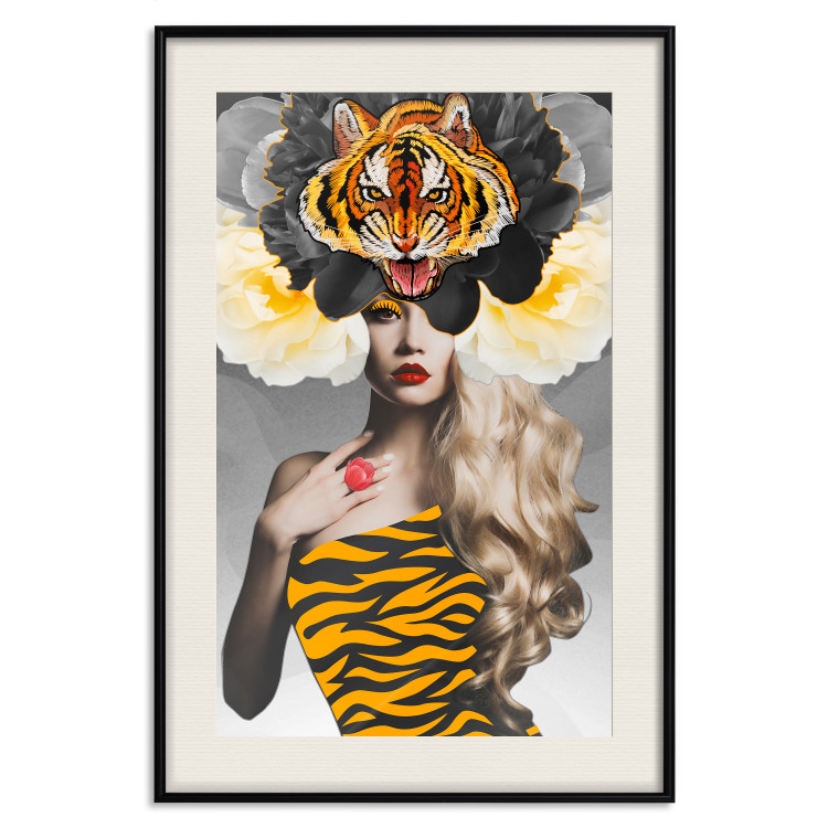 Poster Tiger Eye - abstract woman in tiger outfit on gray background 127869 additionalImage 19