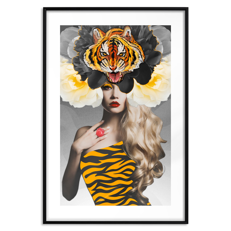 Poster Tiger Eye - abstract woman in tiger outfit on gray background 127869 additionalImage 18