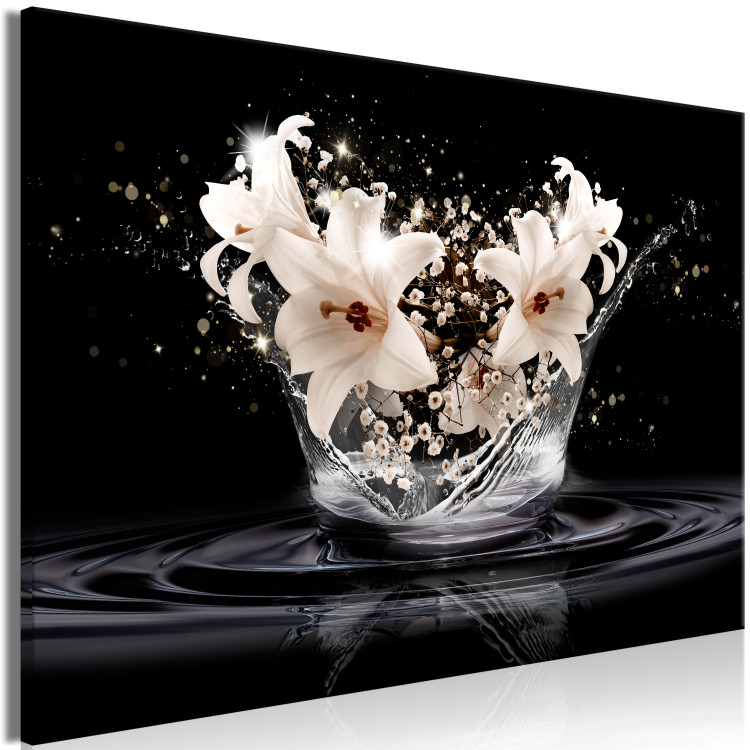 Canvas Art Print Lilies (1-piece) - transparent water and white flowers on a black background 143869 additionalImage 2
