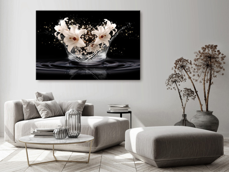 Canvas Art Print Lilies (1-piece) - transparent water and white flowers on a black background 143869 additionalImage 3