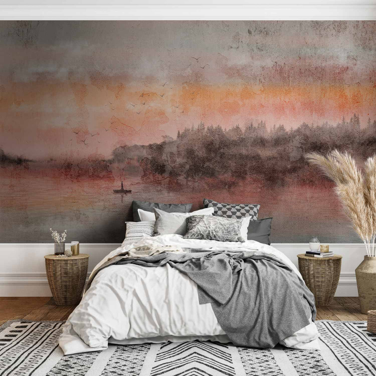 Wall Mural Twilight at the lake with a boat - landscape of a sunset over water 144669 additionalImage 2